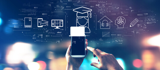 Poster - Distance learning theme with a smartphone in blurred city lights at night