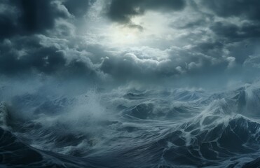 Wall Mural - Stormy roiling sea under a dark sky.  Waves in the ocean, large with ominous cloudy sky. Generative AI. 
