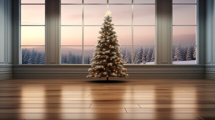 Wall Mural - Christmas tree - wood floors - forest - large windows - holiday decorations - festive lights 