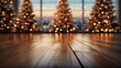 Christmas trees on oak hardwood floor - extreme low angle shot - worm’s eye view - bakeh - mountains - vacation - holiday - stylish - high-end - vacation - resort - lodge - chalet - spa 