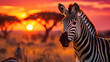 Zebra at sunset in the Serengeti National Park. Africa. Tanzania.