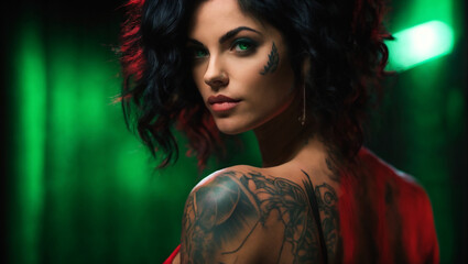 Wall Mural - white woman black hair, green eyes, tattoos, back with red underwear, backlit black background, cinematographic