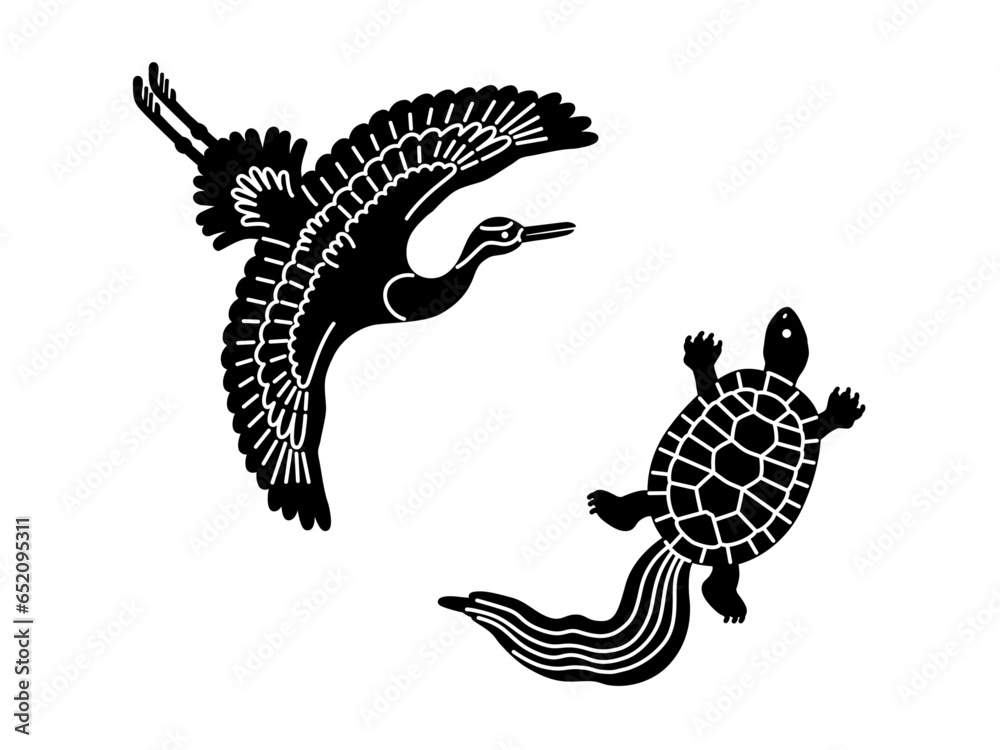 Vector de Stock 鶴と亀の和風イラスト(黒) | Adobe Stock