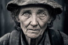 Resilient Wrinkles. A Close-Up Portrait Of A 1930s Working-Class Woman, Her Wrinkles Tell A Story Of Strength And Determination. 