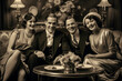 © Mr. Bolota - 1930s Happy Group Portrait. A family gathering in their Art Deco - style living room, dressed in stylish 1930s attire, sharing laughter and smiles during the Great Depression era.