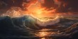 Sunset over a roiling wave filled sea or ocean. Illustration style. Generative AI.
