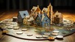 Model houses and coins on a board game table top. concept to show real estate pricing and housing monopolies. generative AI