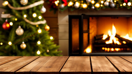 Canvas Print - retro interior with xmas tree and wooden old table place 