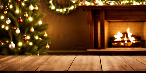 Canvas Print - retro interior with xmas tree and wooden old table place 