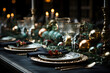 Enchanting Christmas Feast: A close shot capturing the enchanting allure of a Christmas table setting adorned with shimmering silverware, whimsical garlands, & natural evergreen decor against a table.