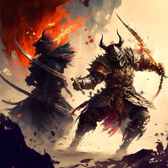  a deadly battle between two samurai climactic detailed action pose cinematic lighting traditional in the style of guild wars 2 