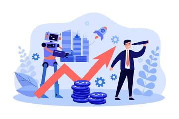 Poster - Robot helping build and develop city vector illustration. Businessman looking in spyglass, profit charts of technology companies rising. Artificial intelligence at work, robotics, business concept