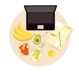 Poster - Healthy snack for eating during work vector illustration. Laptop and papers for working or studying, fruits, vegetables, sandwiches and nuts for lunch break. Nutrition during work, food concept