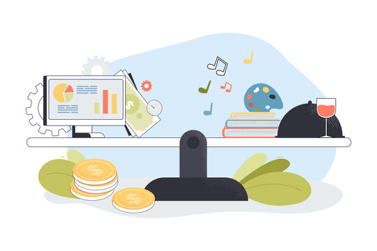 Balance between work and hobbies vector illustration. Balanced seesaw with computer, infographics, money and books, painting, music and cooking. Leisure, healthy lifestyle, time management concept