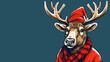 Hand drawn cartoon illustration of an elk wearing a Santa hat
