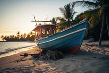 Picturesque View Of Beautiful Sea, Sandy Beach, Palm Trees And Fishing Boat On Sunset, Fishing Boat Docked To Coast On The Beach, Old Fishing Boat On The Seashore