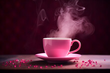 Pink Cup Of Hot Drink With Heart Shaped Steam, Pink Heart Shape Smoke Glowing, Inspiration Creativity Concept With Coffee Cup On Table, Valentine Wedding, Engagement Love Romantic Event
