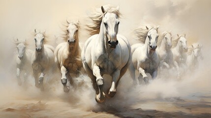 Naklejka na meble An illustration of a herd of white horses galloping freely across an open field.