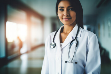 Wall Mural - Female Doctor in Hospital, Stethoscope, Medical Uniform, Health Care. Generative AI