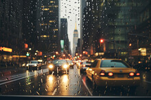 Big city view from car window during rain. Car glass covered with rain drops. Bokeh view of car light and huge skyscrapers through car window. Generative AI