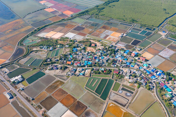 Aerial view of natural sea salt ponds, lake or sea. Farm field outdoor in traditional industry in Thailand. Asia culture. Agriculture irrigation. River reflection.