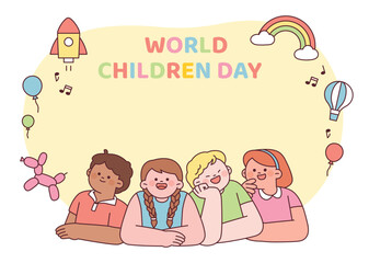 Wall Mural - World children day. Children from all over the world of various races are sitting together, resting their chins and imagining happy things.