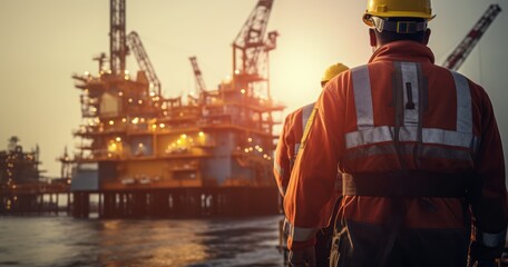 Workers in safety gear, against the backdrop of a massive offshore oil rig, symbolizing the scale and intensity of the industry