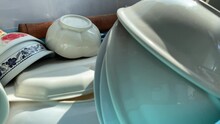 Put Away Ceramic Bowl And Dish Close Up View Sunny Day At Home Kitchen
