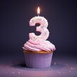 Birthday Cupcake With Number three, Candle  cupcake with a candle in the shape of the number 3