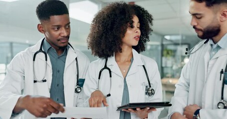 Poster - Documents, team doctors and people reading, consulting and collaboration on medicine study, research or healthcare results. Discussion, hospital and medical surgeon, nurse and group review paperwork