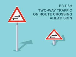 Traffic regulation rules. Isolated British two-way traffic on route crossing ahead sign. Front and top view. Flat vector illustration template.