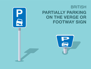 Wall Mural - Traffic regulation rules. Isolated British partially parking on the verge or footway sign. Front and top view. Flat vector illustration template.