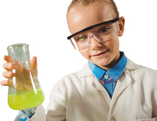 Sticker - Digital png photo of smiling caucasian boy scientist with beaker on transparent background