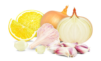 Wall Mural - garlic, onion and lemon isolated on white background