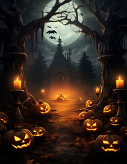 Wall Mural - Halloween haunted forest creepy landscape at night