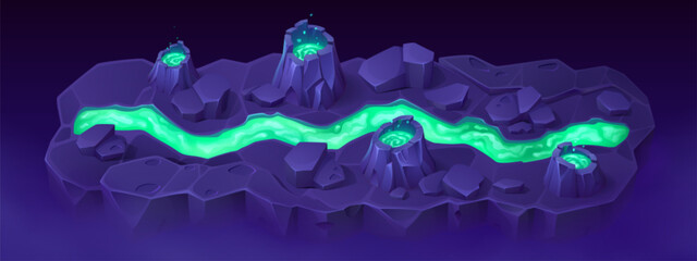 Poster - volcano island map for game level navigation. vector cartoon illustration of land piece with neon gr