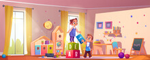Happy Children Playing In Kindergarten. Vector Cartoon Illustration Of Little Boy And Girl Characters Building Cube Tower Together, Large Nursery School Playroom With Furniture, Toys, Education Space