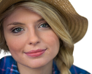 Sticker - Digital png photo of smiling caucasian woman wearing a straw hat on transparent background