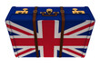 Digital png illustration of suitcase with great britain flag theme on transparent background