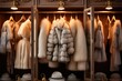wardrobe of fur coats and feather jacket, knitted wear. winter clothes