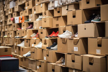 Storage With Lots Of Boxes With Sports Shoes Are Displayed In Rows, Selective Focus.
