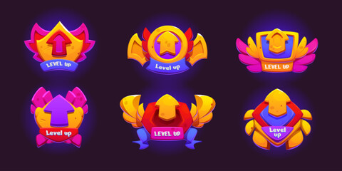Poster - Pink and gold game level up badge icon ui award vector design. Rank bonus button for casino achievement and experience label cartoon set. Interface popup gui rating sign element with wings frame