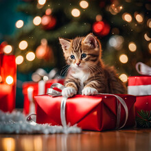 Cute Kitten Sits In Gift Box Under Christmas Tree, Looking At Camera.