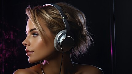 Portrait on a dark background of a beautiful young woman listening to music on headphones.