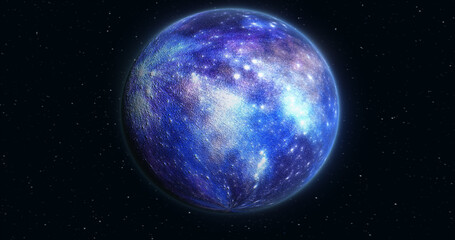 Wall Mural - abstract realistic space spinning planet round sphere with a blue water surface in space against the