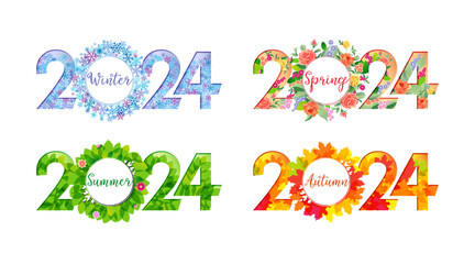 Wall Mural - Set of creative number logos 2024. Happy New Year 2024 or happy winter, spring, summer and autumn seasons. Icon design. Seasonal decorations. Web banner concept. Decorative snowy or floral ideas