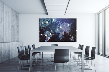 Poster - Social network icons concept and world map on presentation tv screen in a modern meeting room. Marketing and promotion concept. 3D Rendering