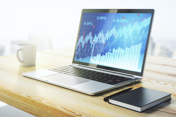 Poster - Modern computer screen with abstract creative financial chart, research and analytics concept. 3D Rendering