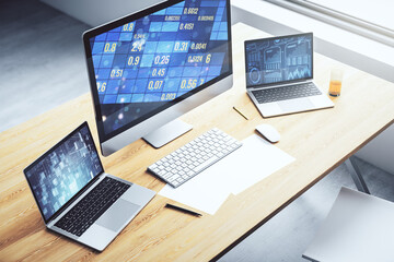 Poster - Modern computer screen with creative statistics data hologram, stats and analytics concept. 3D Rendering