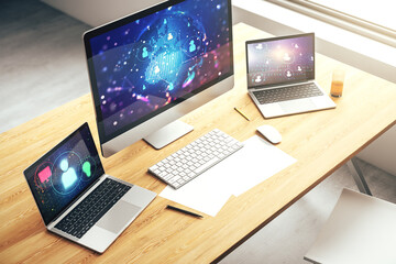 Poster - Social network concept with world map on modern laptop screen. 3D Rendering